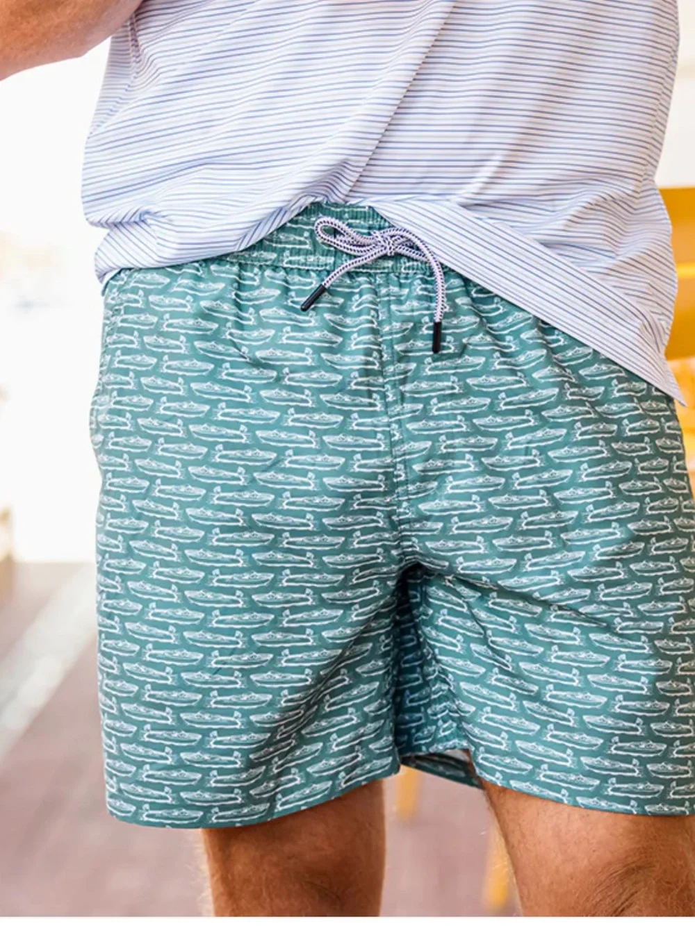 Onward Reserve - Float Your Boat Men's White & Blue Print Swim Trunks. Size L